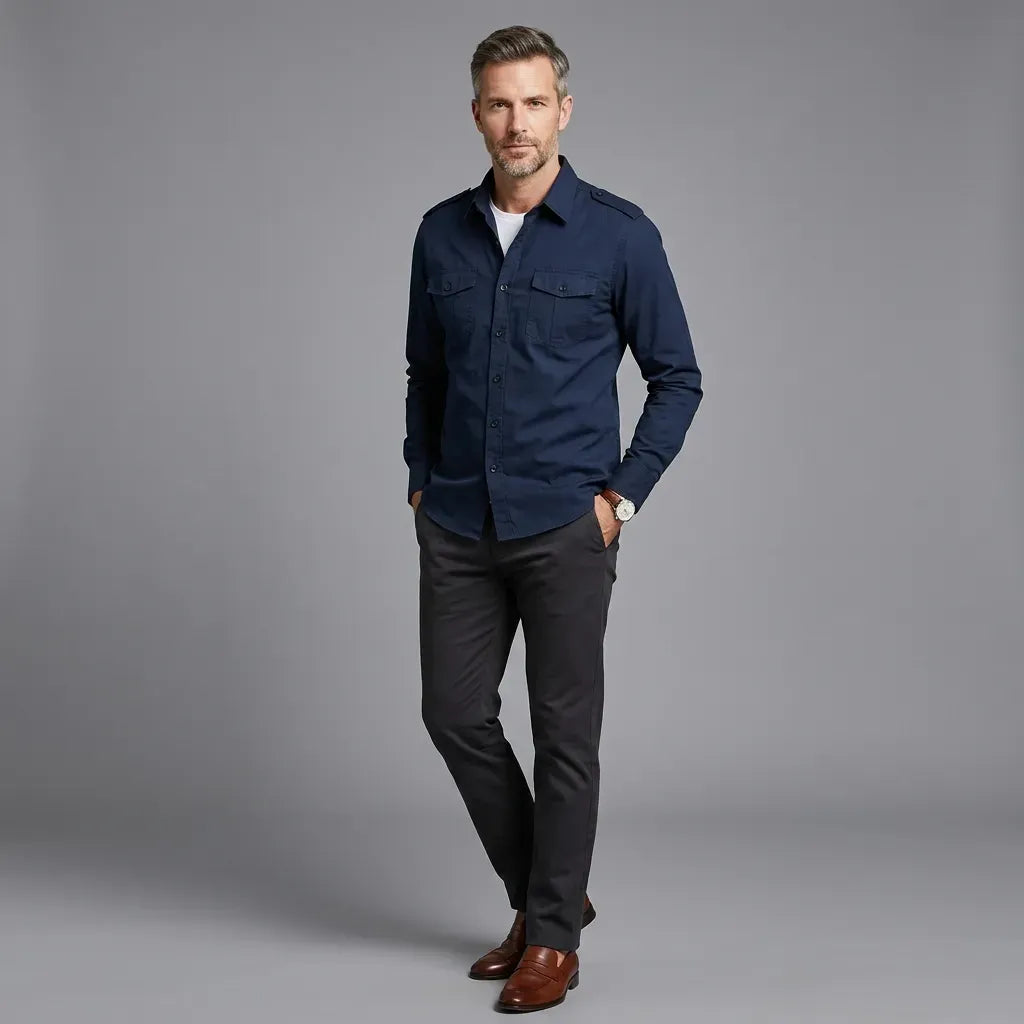 Hemdjacke für Herren aus Baumwolle mit Taschen im Slim Fit Blau 3