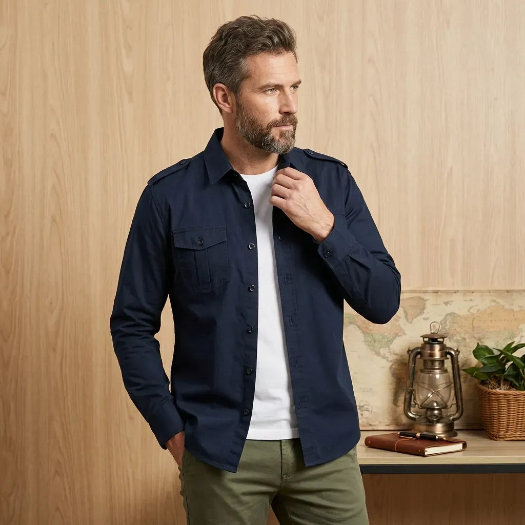 Hemdjacke für Herren aus Baumwolle mit Taschen im Slim Fit Blau 4