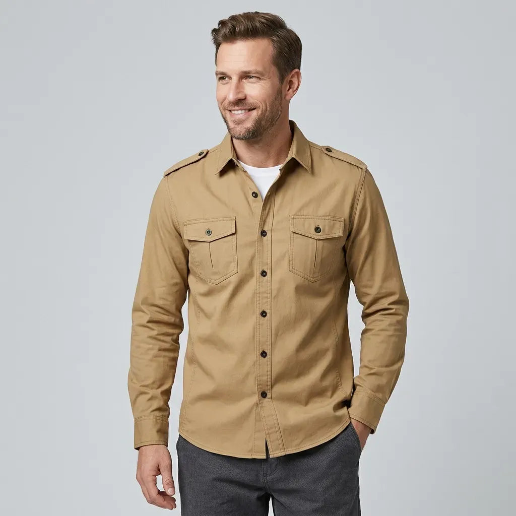 Hemdjacke für Herren aus Baumwolle mit Taschen im Slim Fit Khaki 5