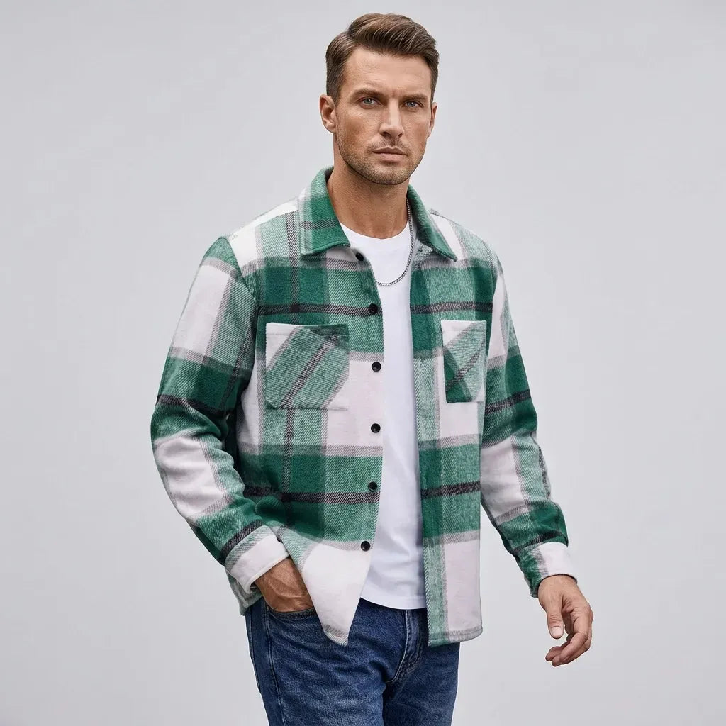 Hemdjacke für Herren aus Fleece mit Taschen mit Karomuster Grün 10
