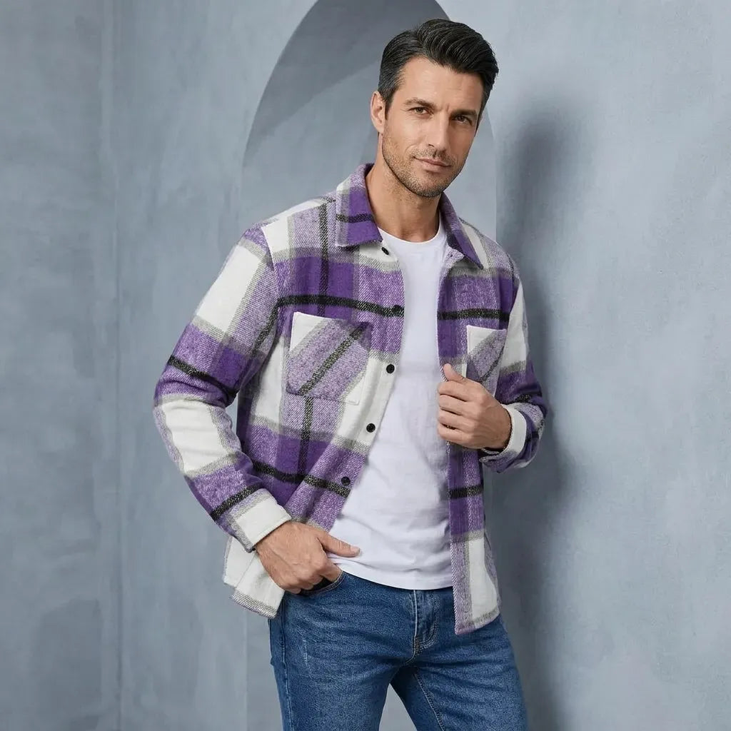 Hemdjacke für Herren aus Fleece mit Taschen mit Karomuster Lila 2