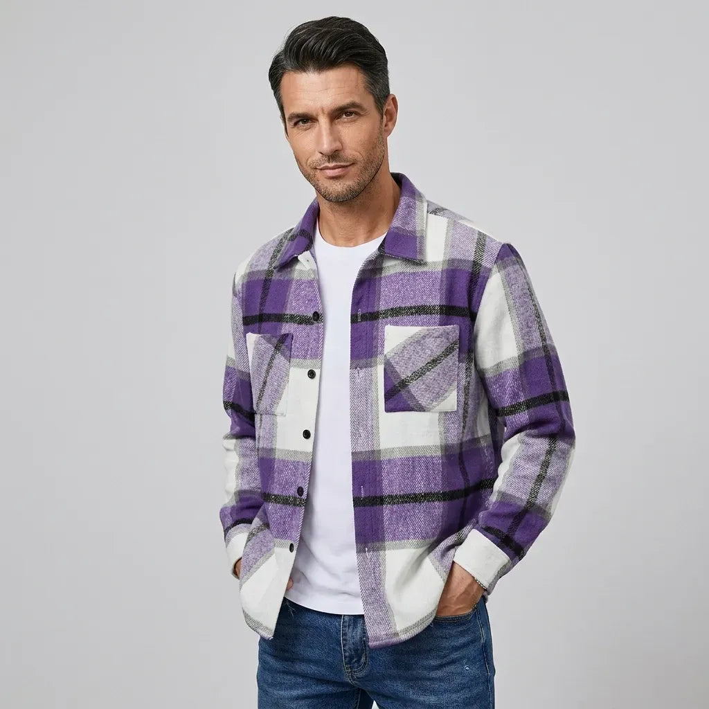 Hemdjacke für Herren aus Fleece mit Taschen mit Karomuster Lila 3