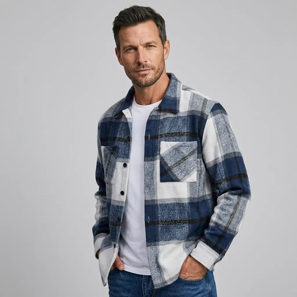 Hemdjacke für Herren aus Fleece mit Taschen mit Karomuster Dunkelblau 4