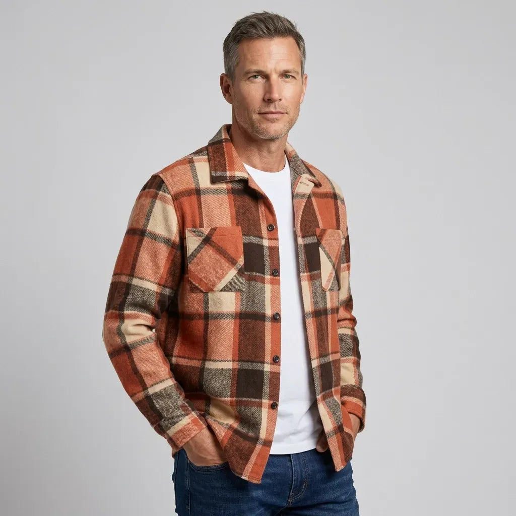Hemdjacke für Herren aus Fleece mit Taschen mit Karomuster Orange 5