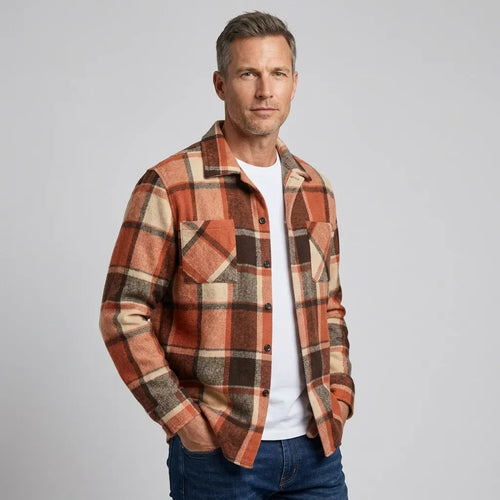 Hemdjacke für Herren aus Fleece mit Taschen mit Karomuster Orange 5