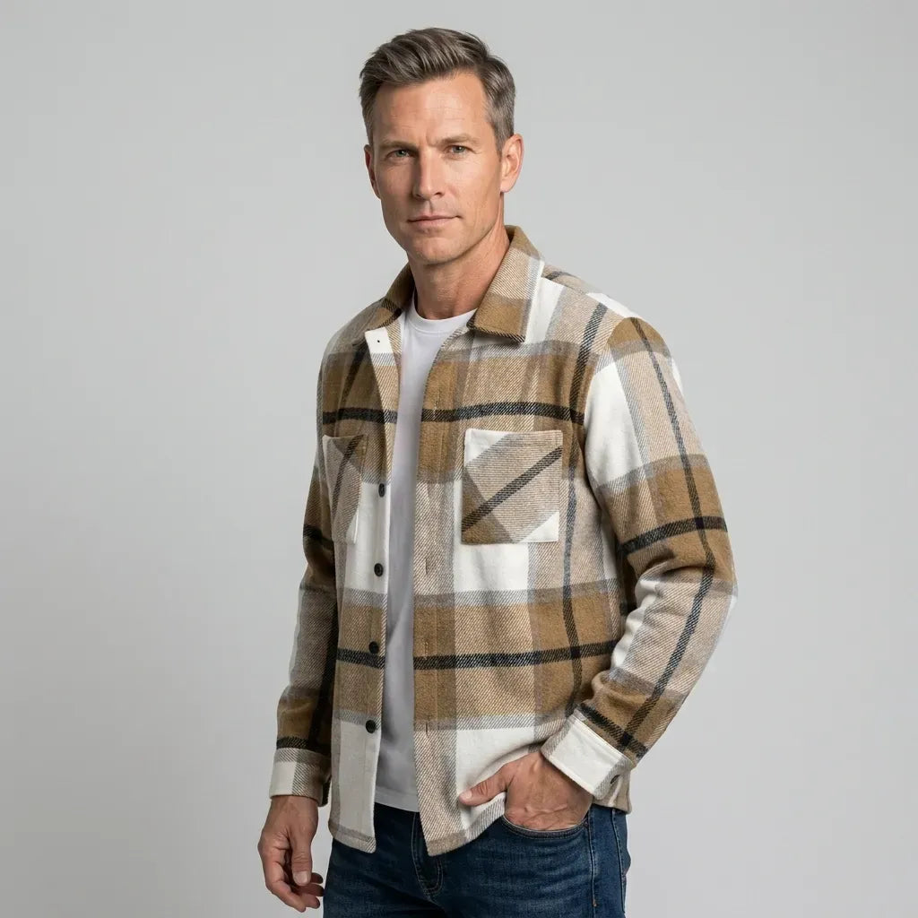 Hemdjacke für Herren aus Fleece mit Taschen mit Karomuster Khaki 8