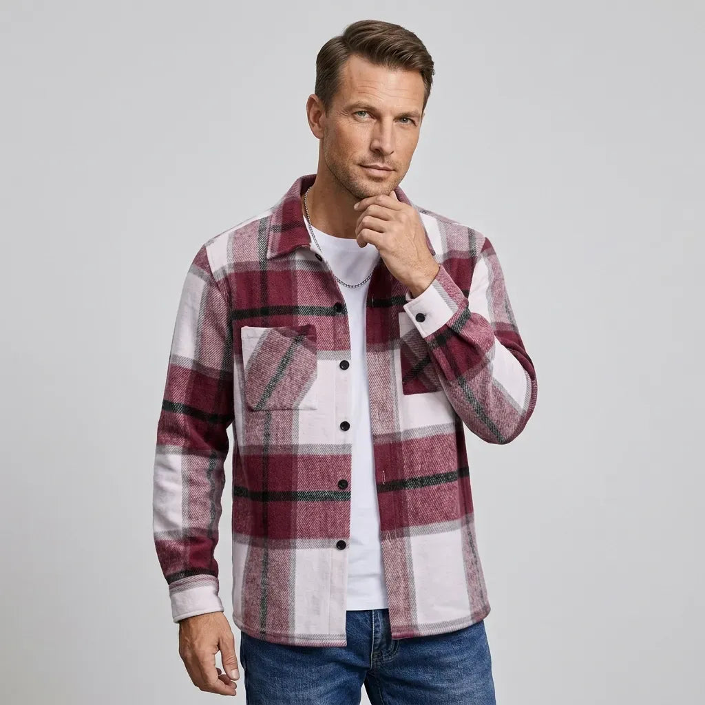 Hemdjacke für Herren aus Fleece mit Taschen mit Karomuster Rot 9