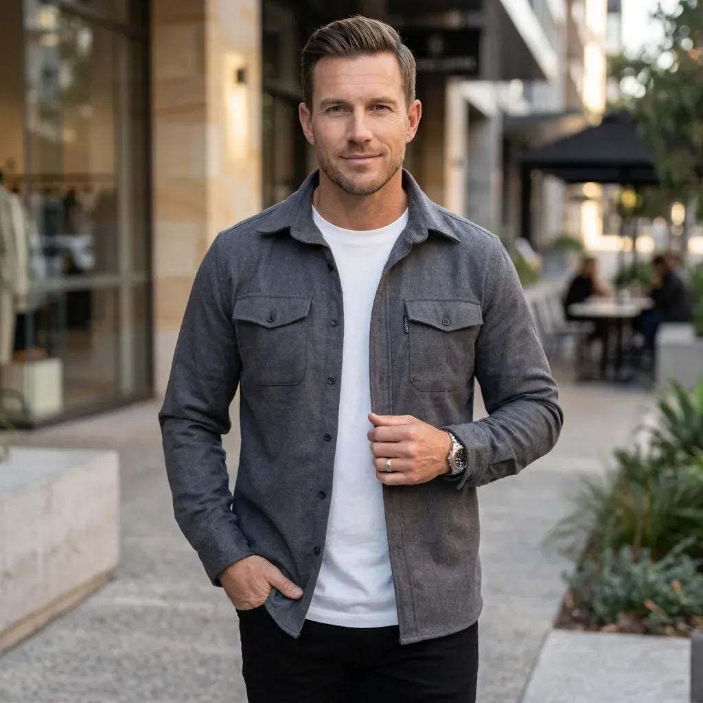 Hemdjacke für Herren im Oversize-Stil aus Flanell mit Taschen Dunkelgrau 1