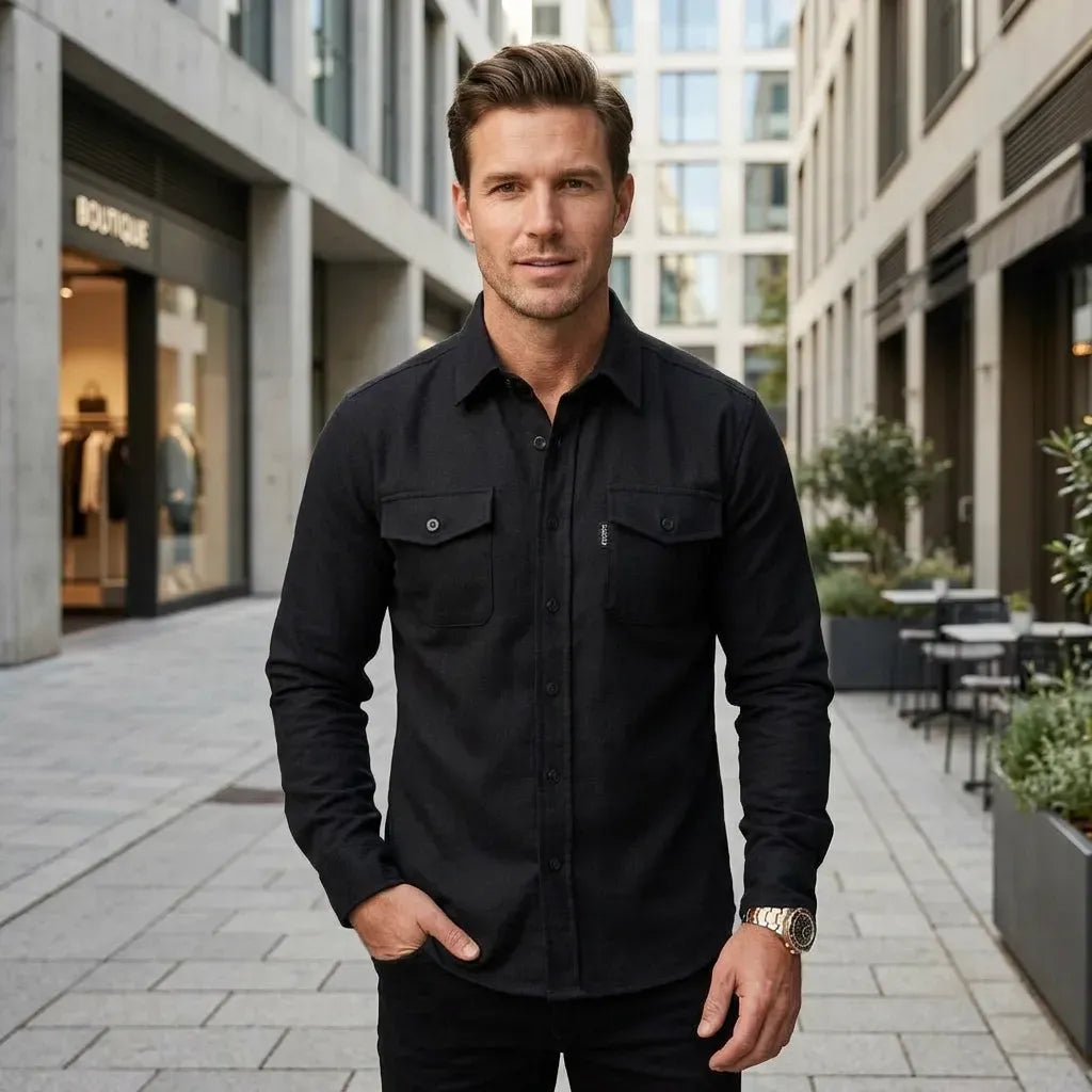 Hemdjacke für Herren im Oversize-Stil aus Flanell mit Taschen Schwarz 2