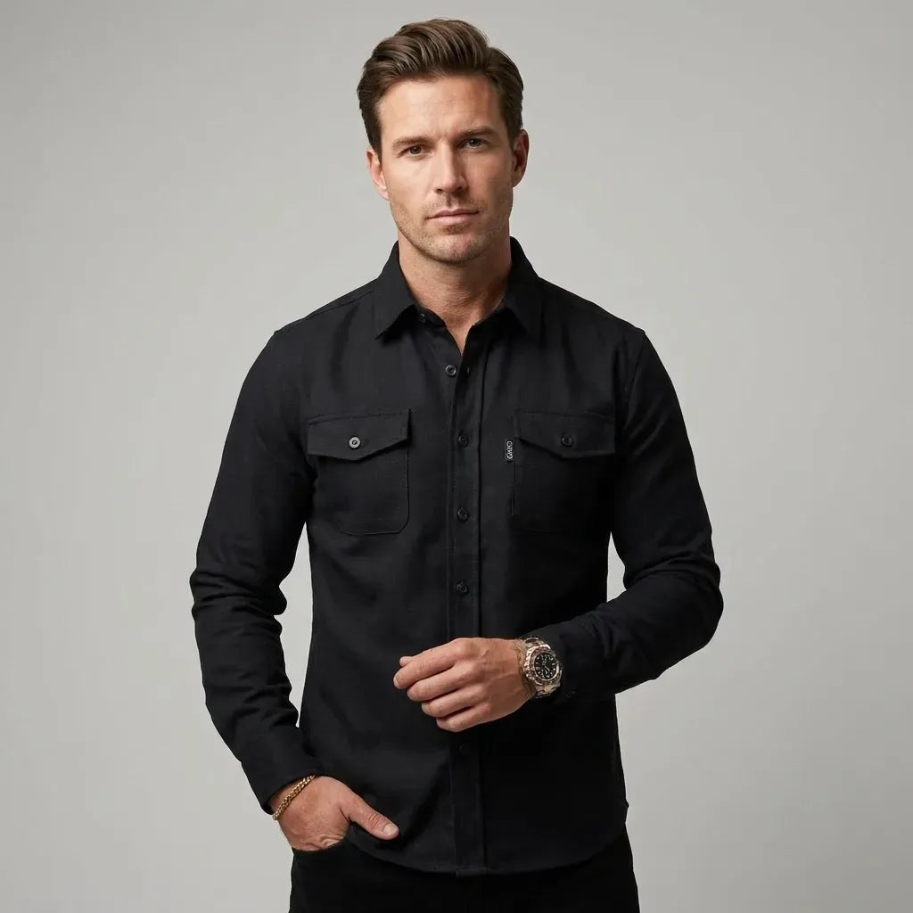 Hemdjacke für Herren im Oversize-Stil aus Flanell mit Taschen Schwarz 3