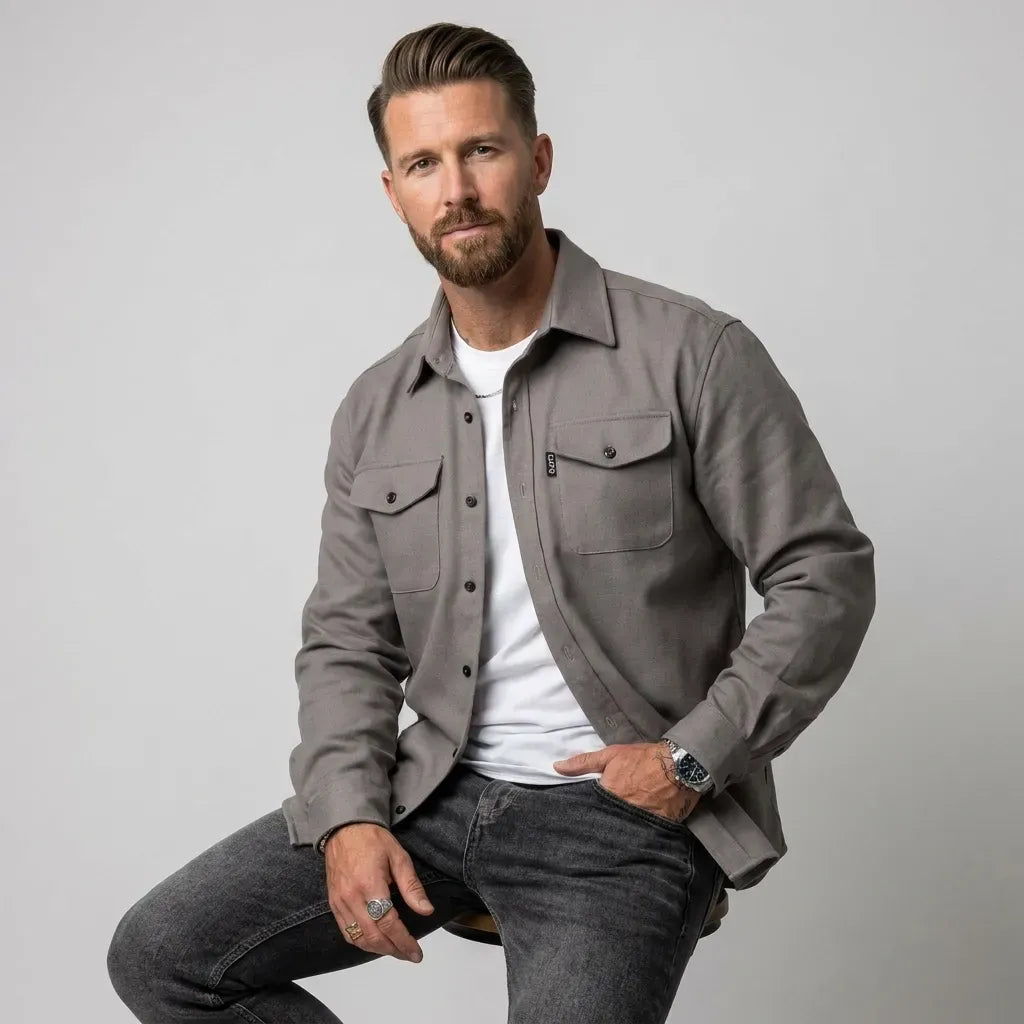 Hemdjacke für Herren im Oversize-Stil aus Flanell mit Taschen Grau 7