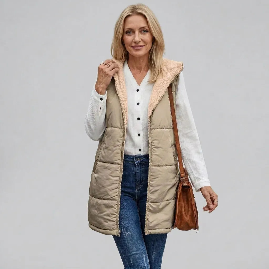 Lange Weste für Damen im Stepp-Design mit Kapuze in ärmelloser Form Khaki 1