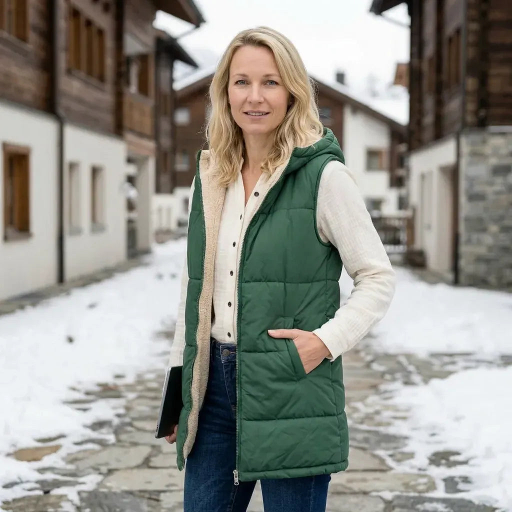 Lange Weste für Damen im Stepp-Design mit Kapuze in ärmelloser Form Grün 2