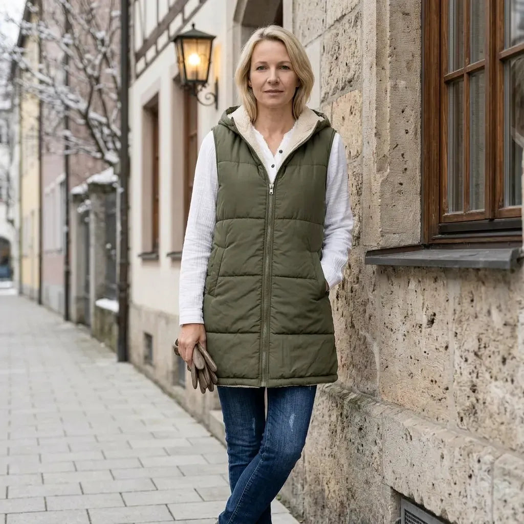 Lange Weste für Damen im Stepp-Design mit Kapuze in ärmelloser Form Olive 3