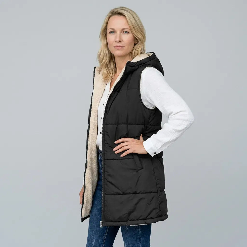 Lange Weste für Damen im Stepp-Design mit Kapuze in ärmelloser Form Schwarz 4