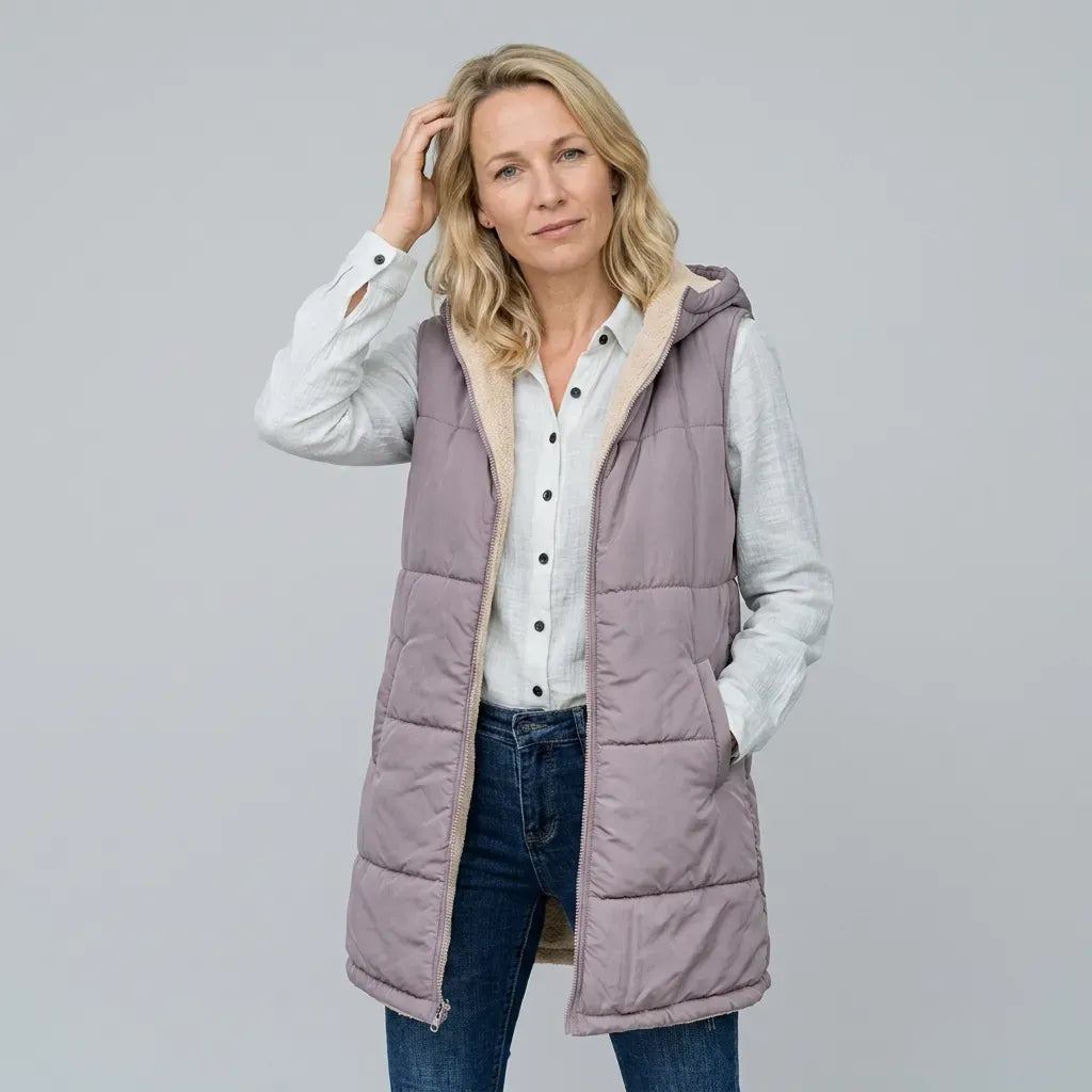 Lange Weste für Damen im Stepp-Design mit Kapuze in ärmelloser Form Hellbraun 5