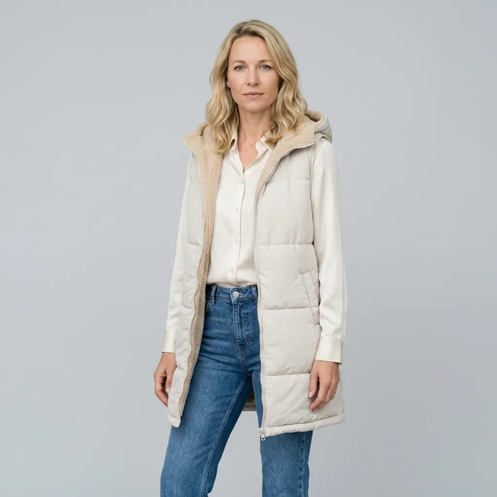 Lange Weste für Damen im Stepp-Design mit Kapuze in ärmelloser Form Beige 6