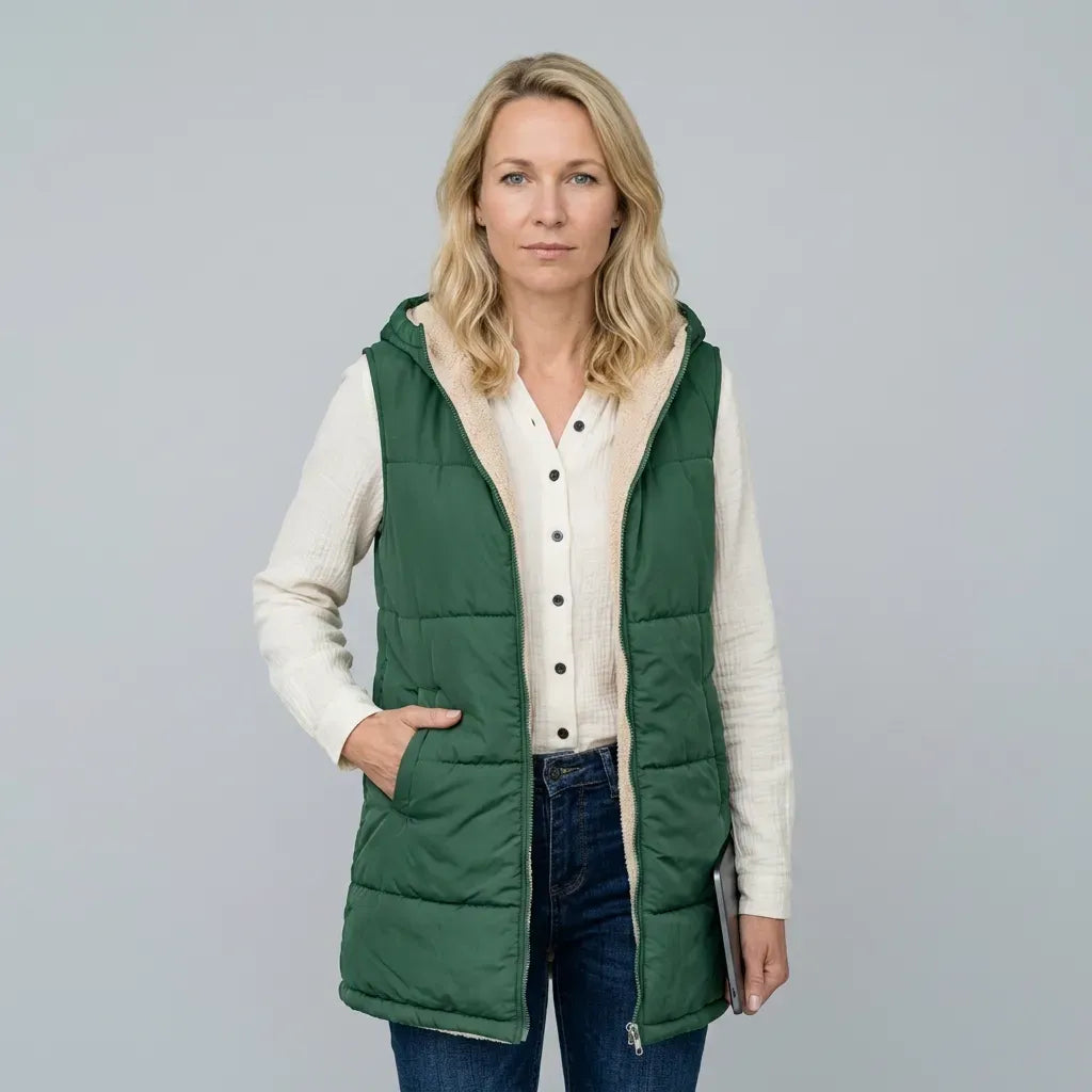 Lange Weste für Damen im Stepp-Design mit Kapuze in ärmelloser Form Grün 7