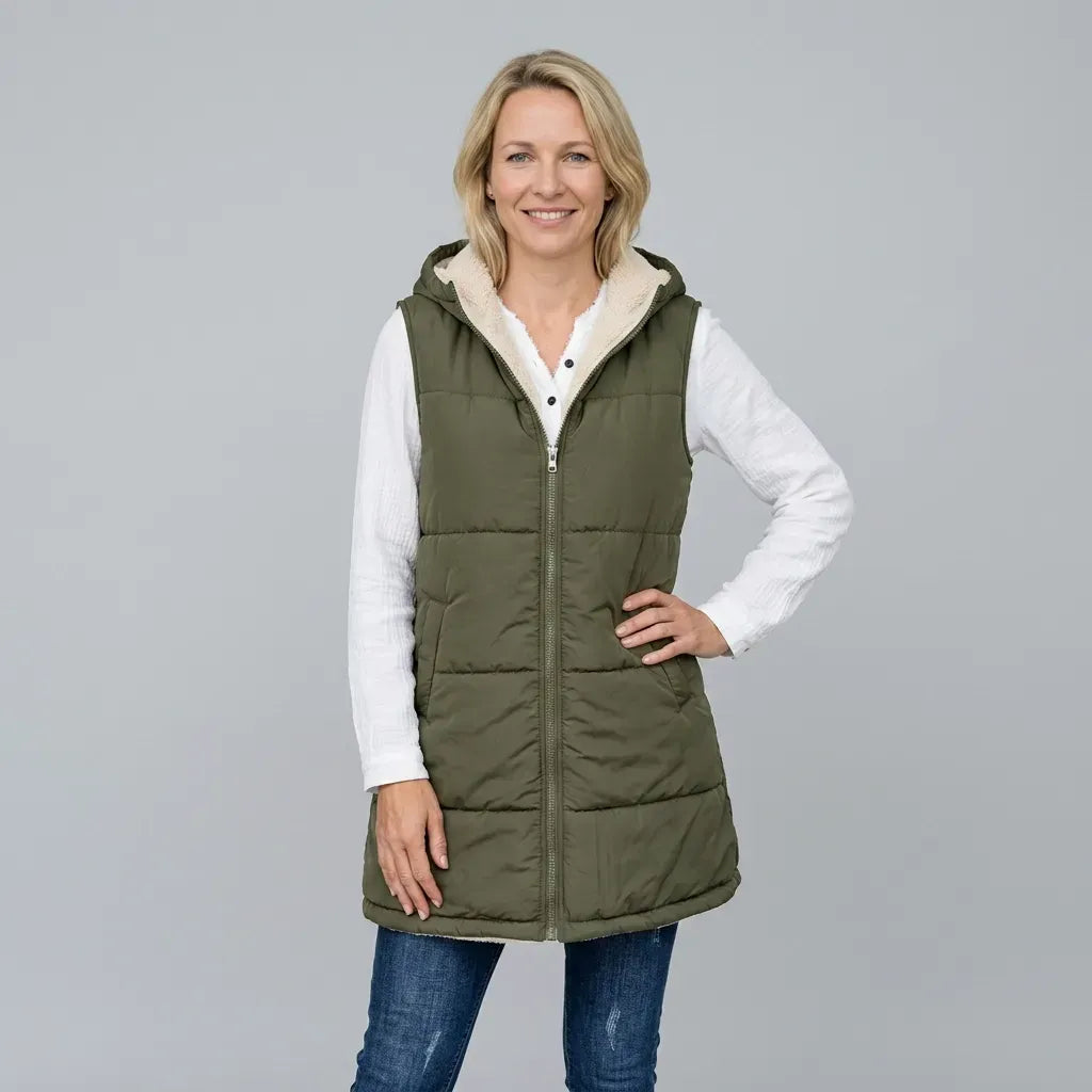 Lange Weste für Damen im Stepp-Design mit Kapuze in ärmelloser Form Olive 8