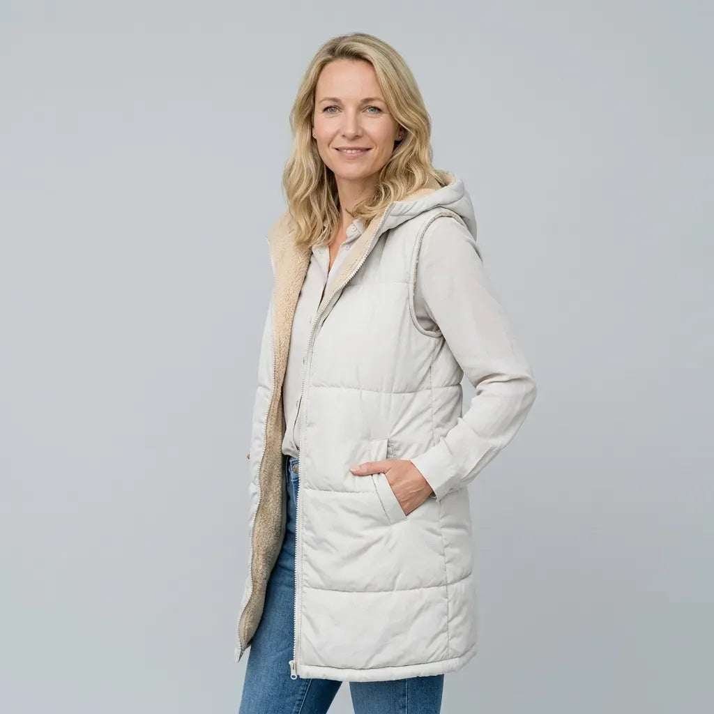 Lange Weste für Damen im Stepp-Design mit Kapuze in ärmelloser Form Weiß 9