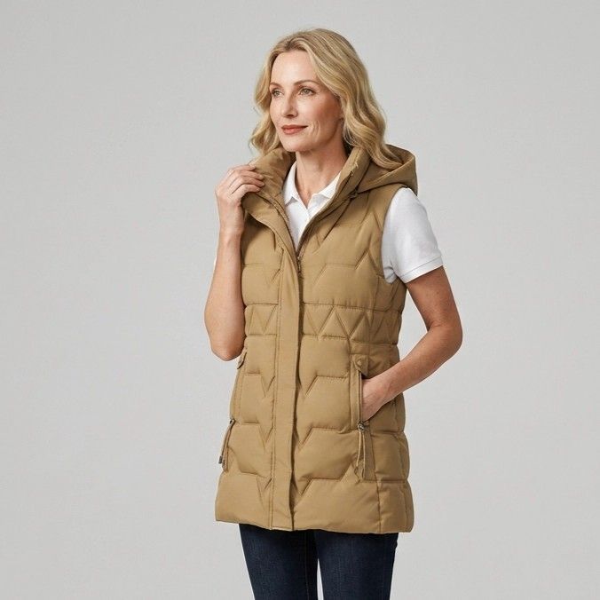 Lange Weste für Damen mit Kapuze in taillierter Form für den Herbst Khaki 2