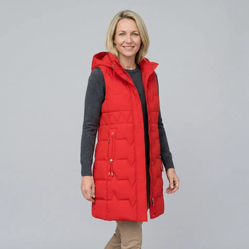 Lange Weste für Damen mit Kapuze in taillierter Form für den Herbst Rot 5