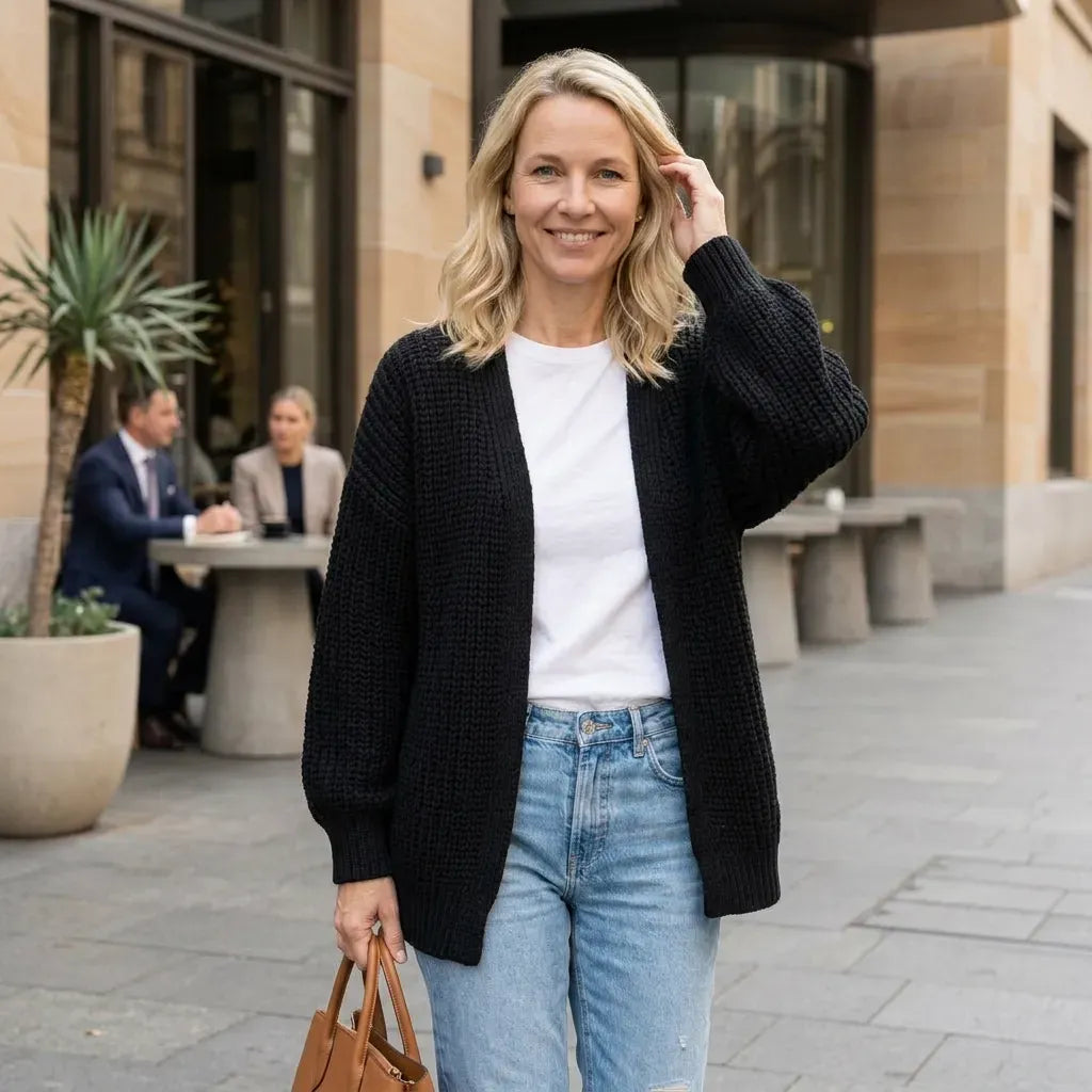 Langer Cardigan für Damen im Oversize-Schnitt aus Grobstrick im lässigen Stil Schwarz 1