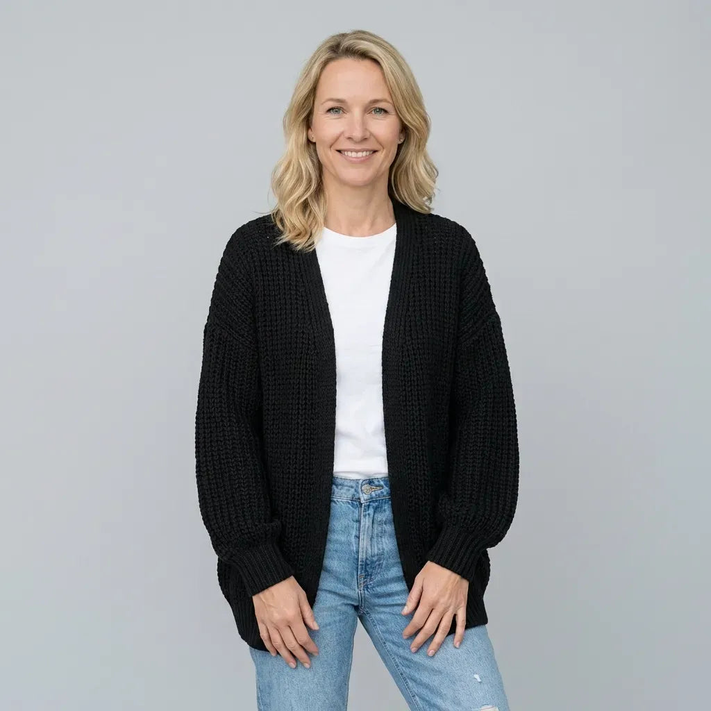 Langer Cardigan für Damen im Oversize-Schnitt aus Grobstrick im lässigen Stil Schwarz 3