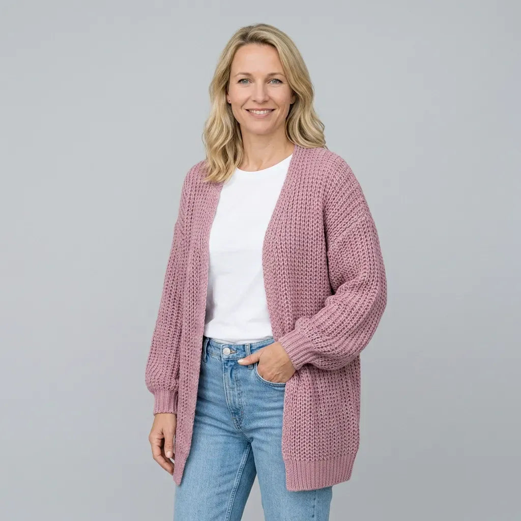 Langer Cardigan für Damen im Oversize-Schnitt aus Grobstrick im lässigen Stil Rosa 4