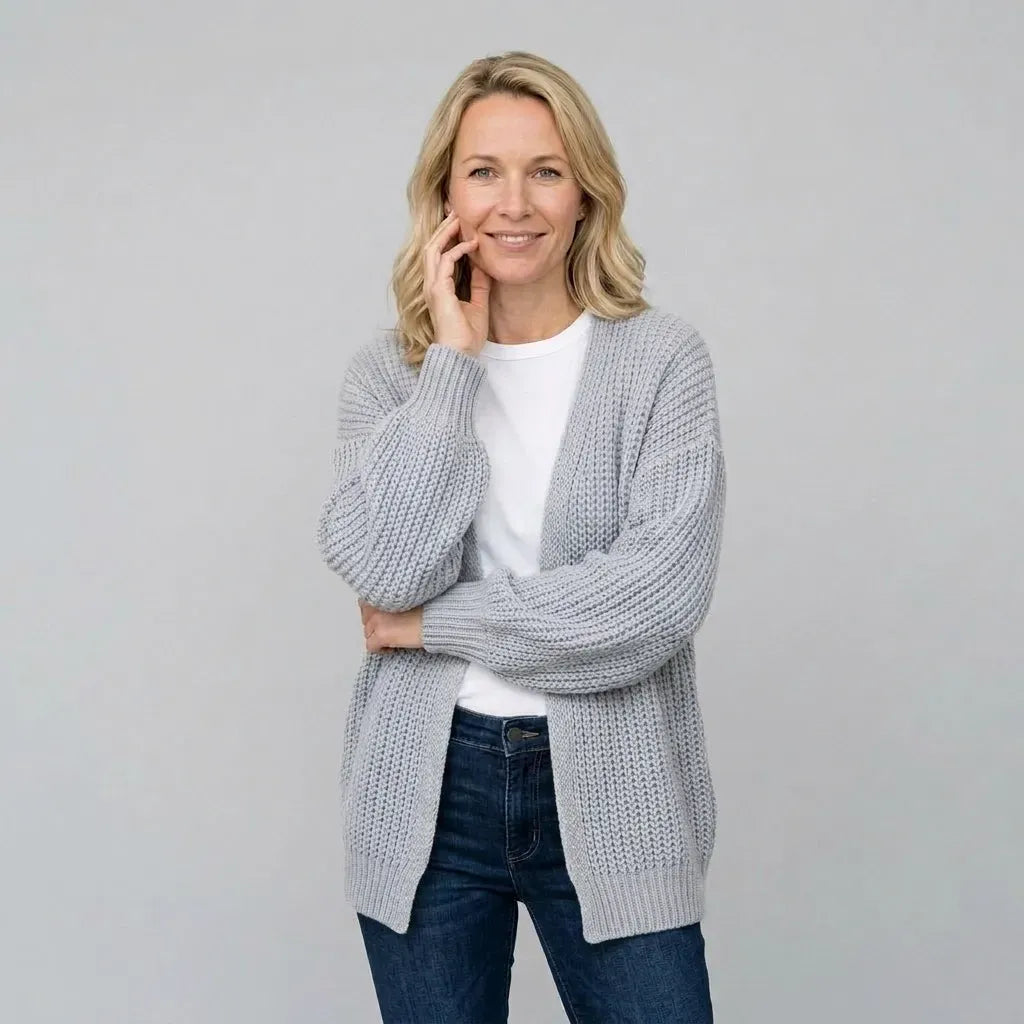 Langer Cardigan für Damen im Oversize-Schnitt aus Grobstrick im lässigen Stil Grau 7