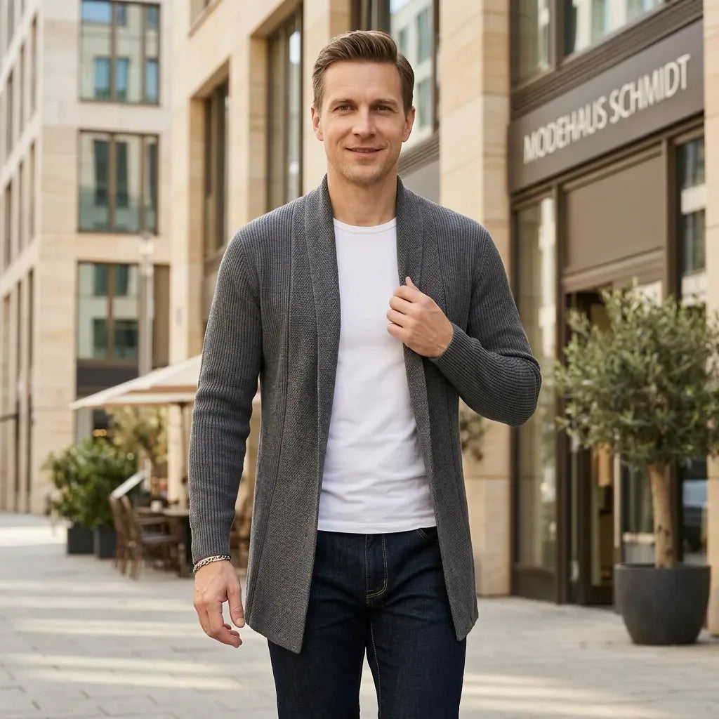 Langer Cardigan für Herren mit Schalkragen aus Feinstrick im eleganten Stil Grau 1