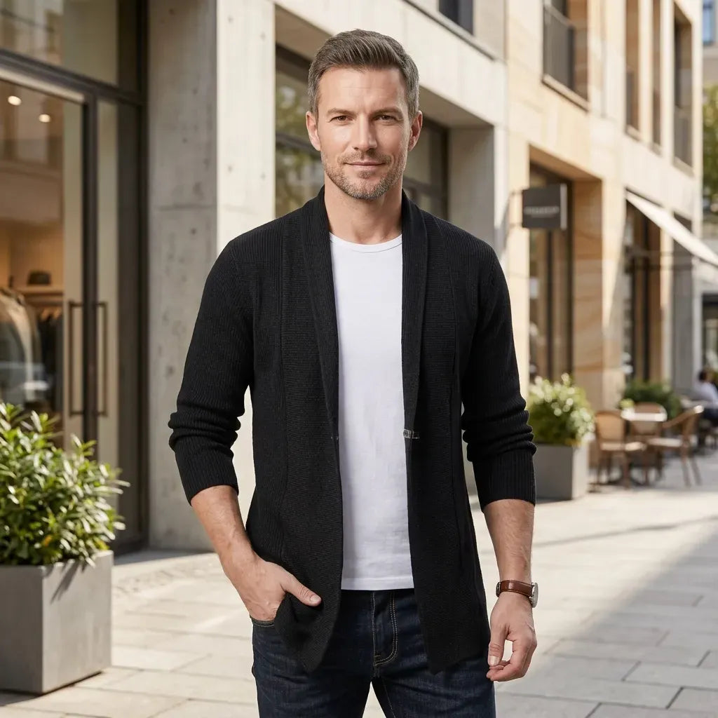 Langer Cardigan für Herren mit Schalkragen aus Feinstrick im eleganten Stil Schwarz 2