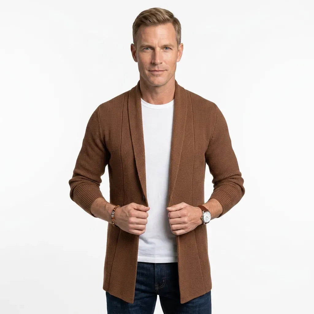 Langer Cardigan für Herren mit Schalkragen aus Feinstrick im eleganten Stil Braun 3