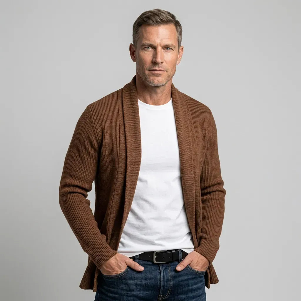 Langer Cardigan für Herren mit Schalkragen aus Feinstrick im eleganten Stil Braun 4