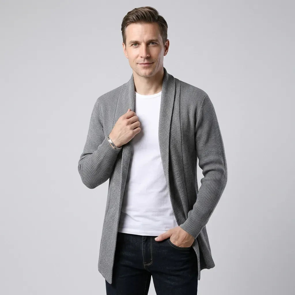 Langer Cardigan für Herren mit Schalkragen aus Feinstrick im eleganten Stil Grau 5