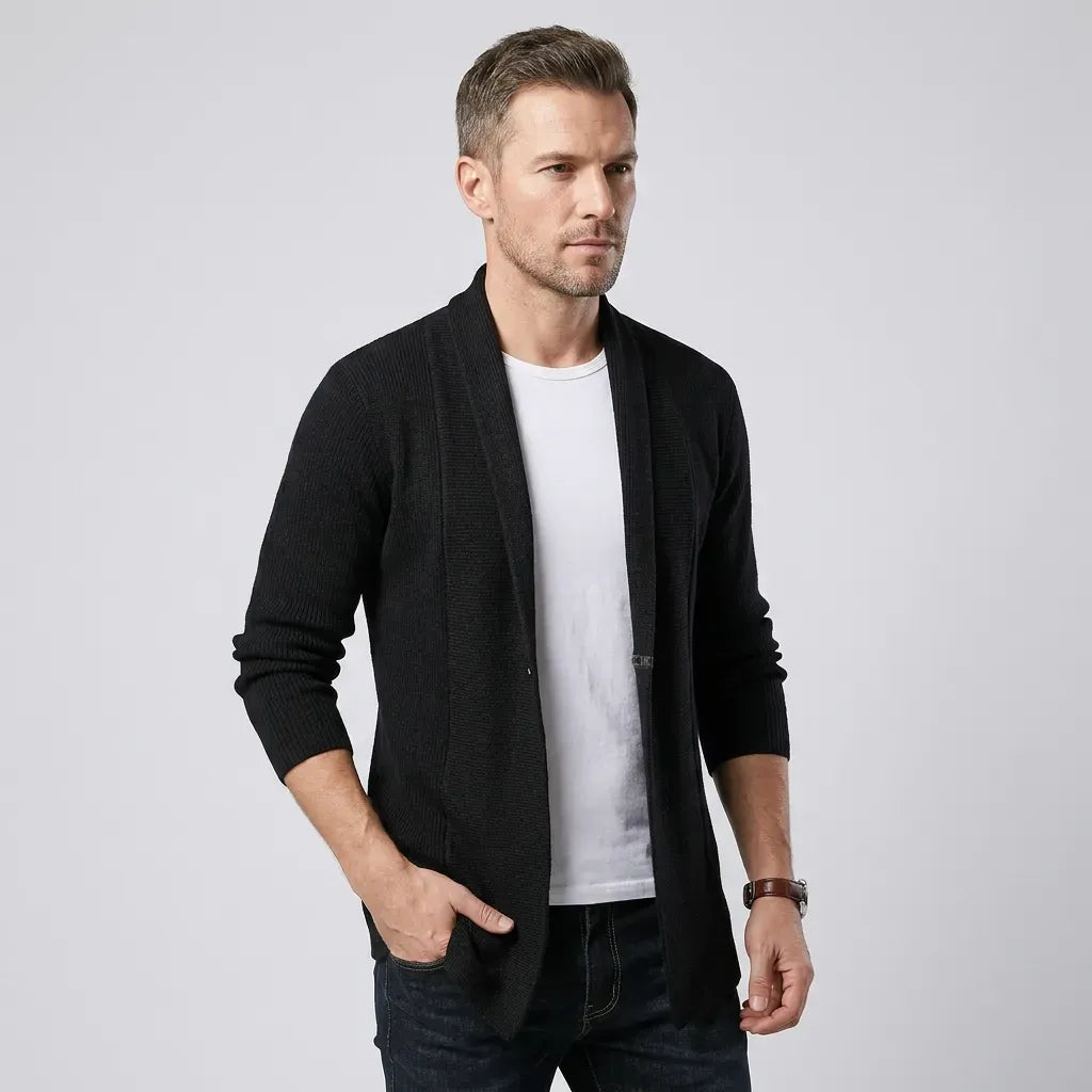 Langer Cardigan für Herren mit Schalkragen aus Feinstrick im eleganten Stil Schwarz 6