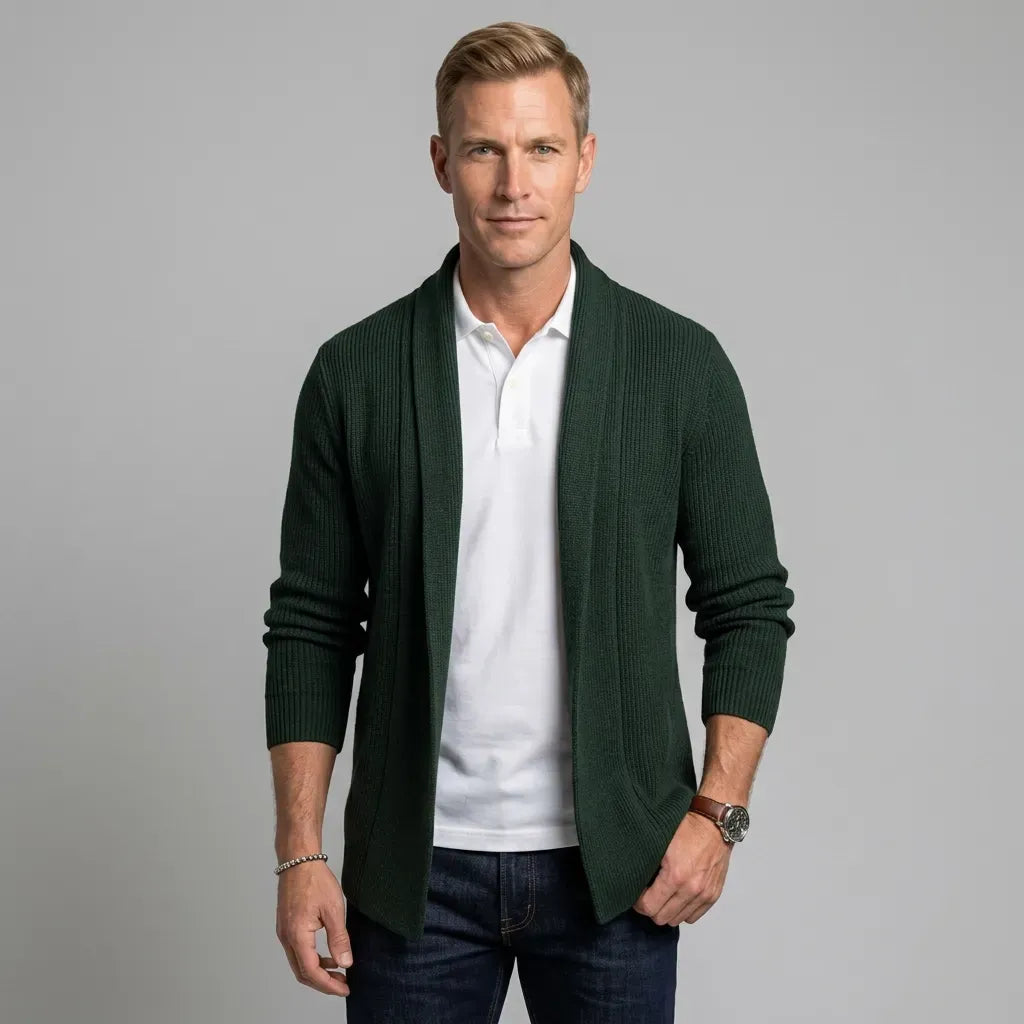 Langer Cardigan für Herren mit Schalkragen aus Feinstrick im eleganten Stil Dunkelgrün 7