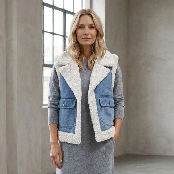 Strickweste für Damen aus Kunstfell mit Taschen Blau 1