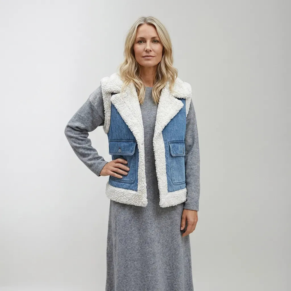 Strickweste für Damen aus Kunstfell mit Taschen Blau 2