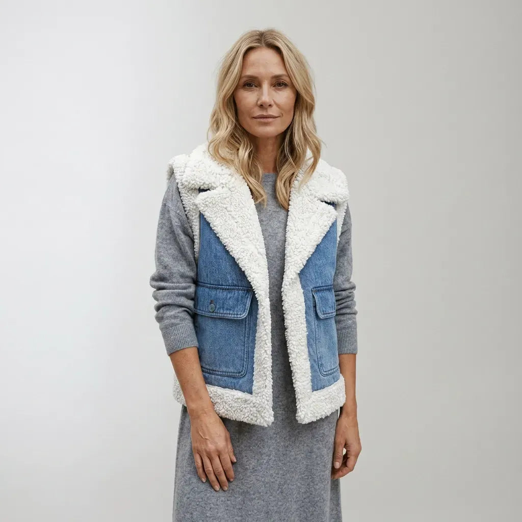 Strickweste für Damen aus Kunstfell mit Taschen Blau 3