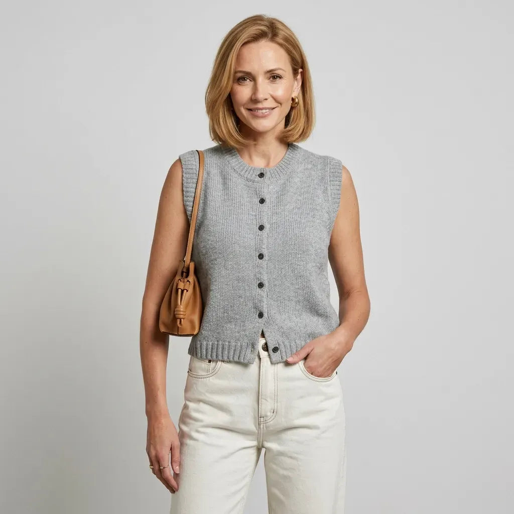 Strickweste für Damen mit Knöpfen im ärmellosen Design aus Feinstrick Hellgrau 3
