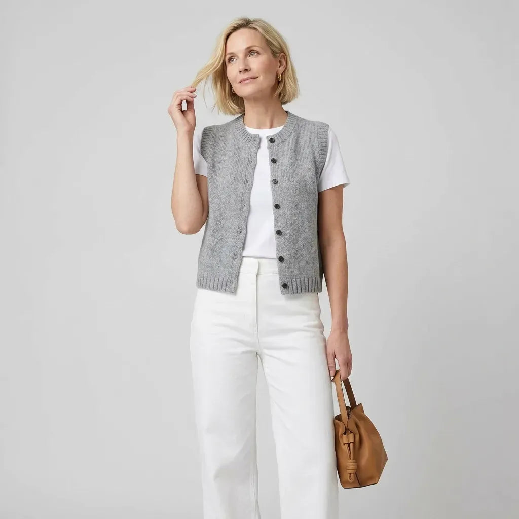 Strickweste für Damen mit Knöpfen im ärmellosen Design aus Feinstrick Hellgrau 4